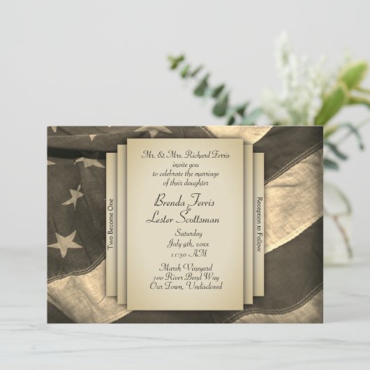 ヴィンテージセピアUSA国旗の結婚式招待状 招待状 (スタンド正面)