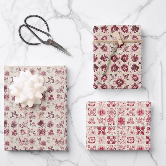 ヴィンテージセラミックタイル花模様（ピンク&レッド） ラッピングペーパーシート (正面)