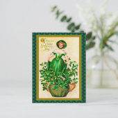 ヴィンテージセントパトリックのデイガールグリーンドレスクローバー シーズンポストカード (スタンド正面)