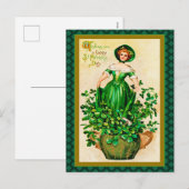 ヴィンテージセントパトリックのデイガールグリーンドレスクローバー シーズンポストカード (正面/裏面)