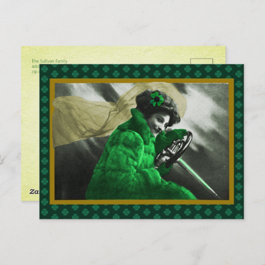 ヴィンテージセントパトリックの日グリーンガールin車 シーズンポストカード (正面/裏面)