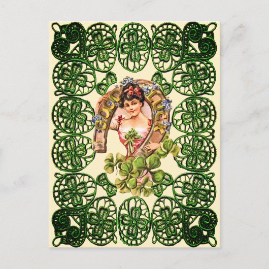 ヴィンテージセントパトリックの日幸運ガールシャームロック シーズンポストカード (正面)