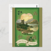 ヴィンテージセントパトリックスデーグリーティングズキャッスルシャムロック ポストカード (正面/裏面)