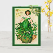 ヴィンテージセントパトリックデーのアイリッシュガールとクローバー カード (黄色い花)