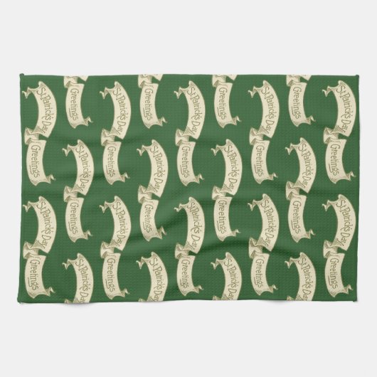 ヴィンテージセントパトリックデーのグリーティングゴールデンバナー キッチンタオル (横)