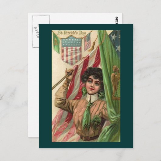 ヴィンテージセント・パトリックの日の女性と国旗 ポストカード (正面/裏面)