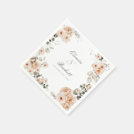 ヴィンテージセージアンドピーチガーデン結婚フローラ スタンダードカクテルナプキン (角)