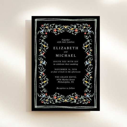ヴィンテージセージガーデンウォーターカラーブラック結婚ズ 招待状