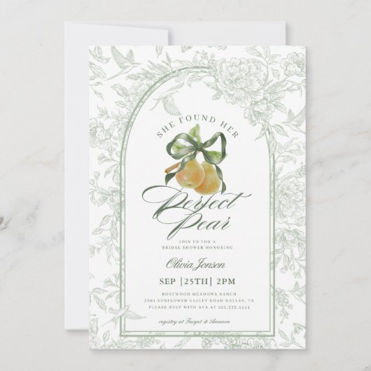 ヴィンテージセージグリーンパーフェクトペア梨ブライダルシャワー 招待状 (正面)