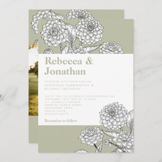 ヴィンテージセージグリーンフローラフォト結婚式招待状 招待状 (正面/裏面)