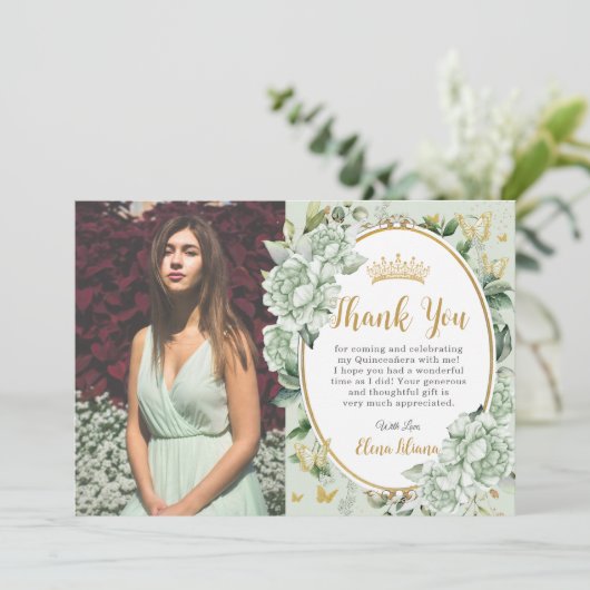 ヴィンテージセージグリーンフローラ蝶キンセアニェラ サンキューカード (スタンド正面)