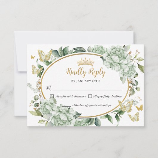 ヴィンテージセージグリーンフローラ蝶キンセアニラ 出欠カード (正面)
