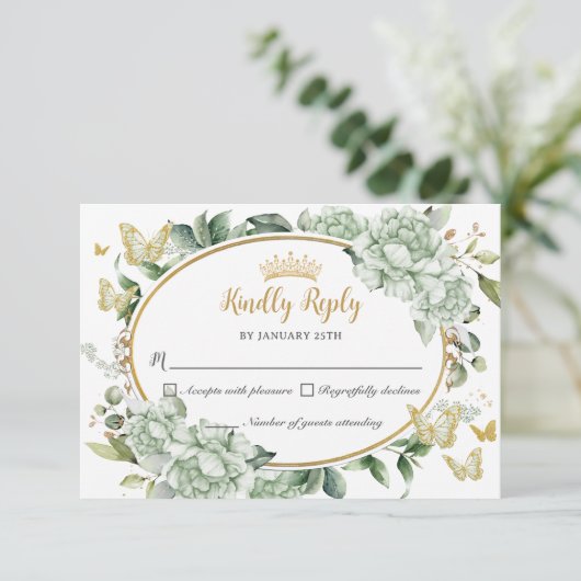 ヴィンテージセージグリーンフローラ蝶キンセアニラ 出欠カード (スタンド正面)