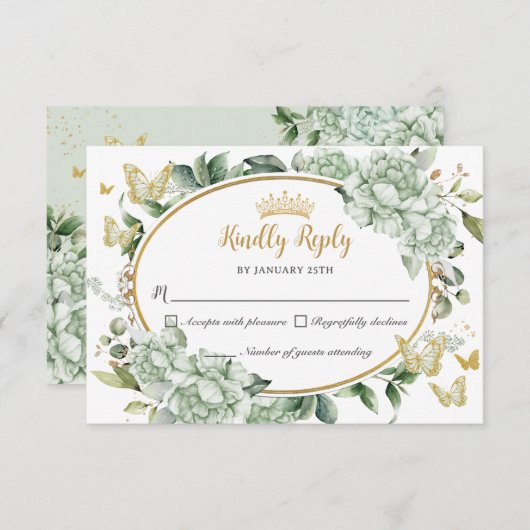 ヴィンテージセージグリーンフローラ蝶キンセアニラ 出欠カード (正面/裏面)