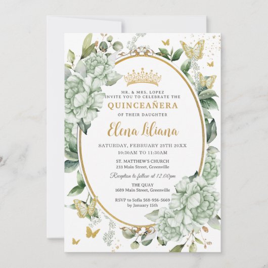 ヴィンテージセージグリーンフローラ蝶キンセアニラ 招待状 (正面)