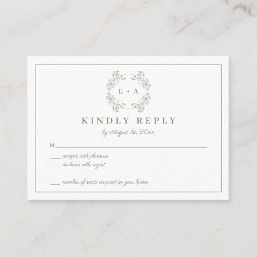 ヴィンテージセージグリーンモノグラムウェディングRSVPカード エンクロージャーカード (正面)