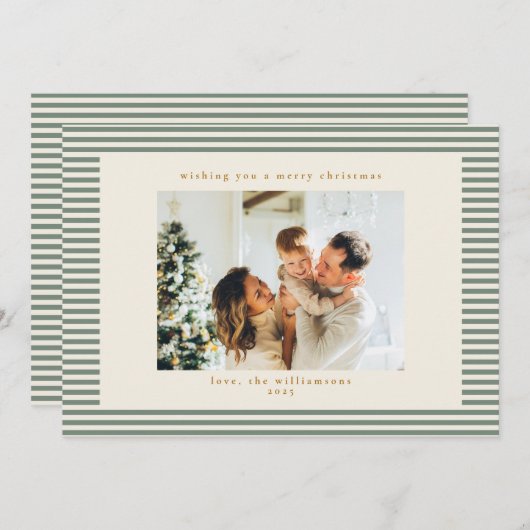 ヴィンテージセージストライプグリーンカスタム写真クリスマス シーズンカード (正面/裏面)