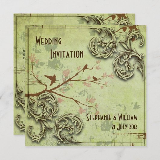 ヴィンテージセージラブバード結婚式招待状 招待状 (正面/裏面)