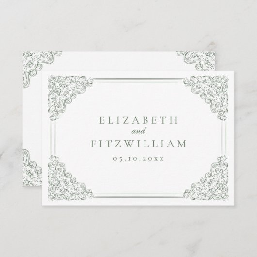 ヴィンテージセージ枠エレガントなウェディング詳細エンクロージャ エンクロージャーカード (正面/裏面)