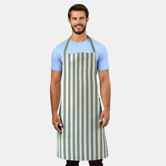 ヴィンテージセージ緑と白ストライプ色ストライプの エプロン (着用した状態)