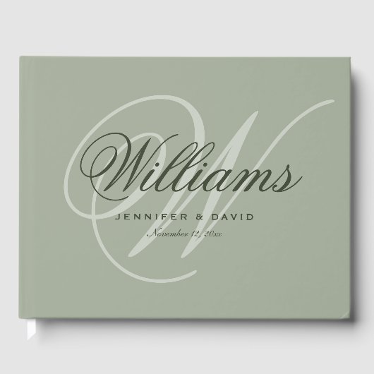 ヴィンテージセージ緑のスクリプト結婚モノグラム ゲストブック (正面)