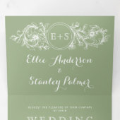 ヴィンテージセージ緑のフローラ結婚フレーム 三つ折り招待状 (内部最初)