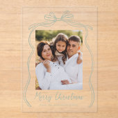 ヴィンテージセージ緑の弓メリークリスマスフォト アクリル招待状 (正面)