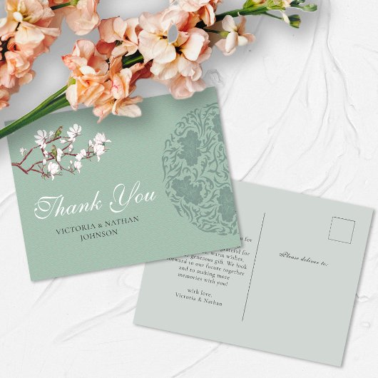 ヴィンテージセージ緑の結婚Chinoiserie's Thank You ポストカード