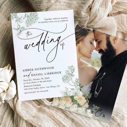 ヴィンテージセージ緑フローラミニマリスト結婚写真 招待状