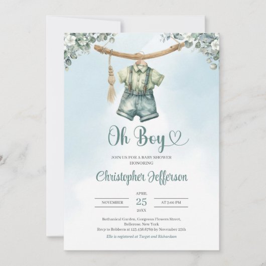 ヴィンテージセージ緑ユーカリ少年の赤ちゃん服 招待状 (正面)