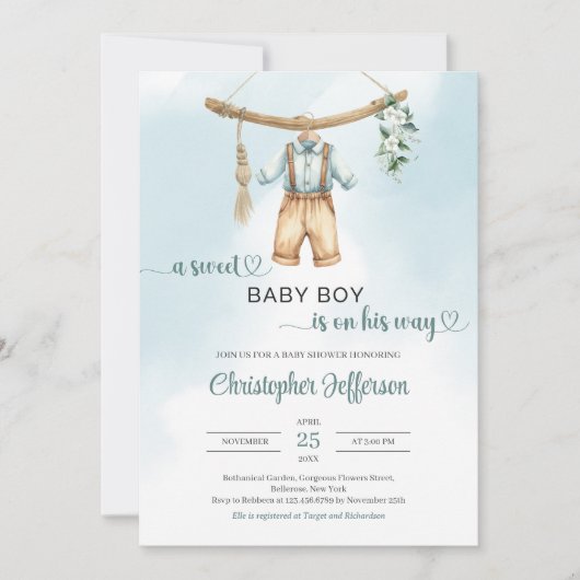 ヴィンテージセージ緑ユーカリ少年の赤ちゃん服 招待状 (正面)