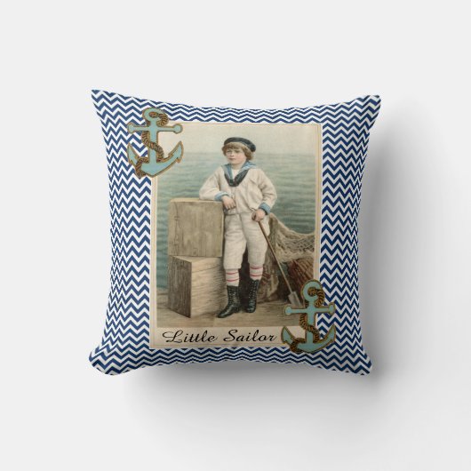 ヴィンテージセーラーボーイ/いかりとロープ,青いシボロン クッション (正面)
