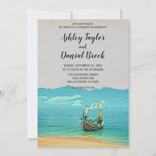 ヴィンテージセーリングボートの海岸行き先結婚式 招待状 (正面)