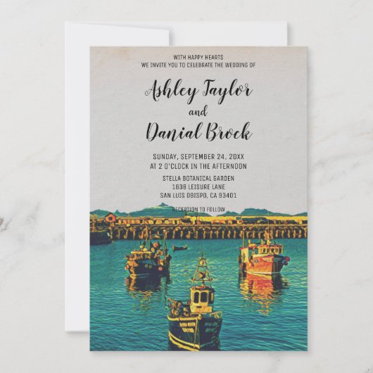 ヴィンテージセーリングボート海軍の目的地の結婚式 招待状 (正面)