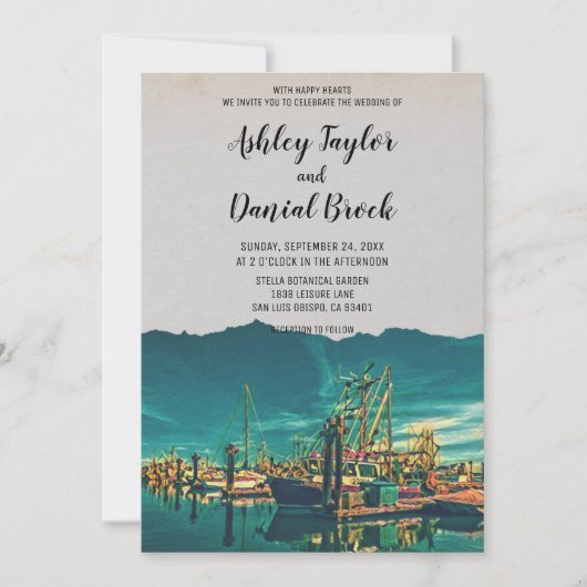 ヴィンテージセーリングボート港の海軍の目的地の結婚式 招待状 (正面)