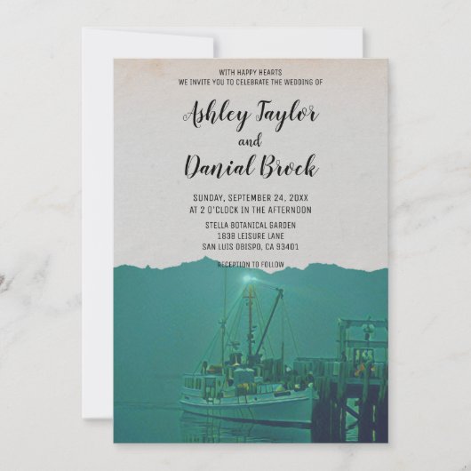 ヴィンテージセーリングボート港の海軍の目的地の結婚式 招待状 (正面)