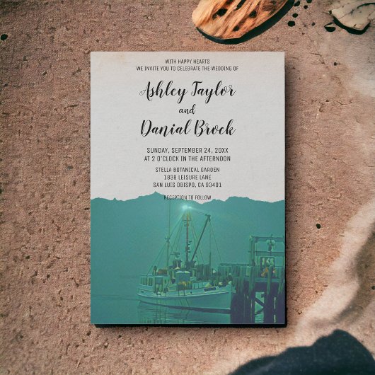 ヴィンテージセーリングボート港の海軍の目的地の結婚式 招待状