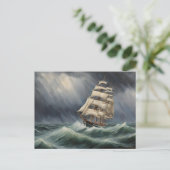 ヴィンテージセールシップインザストミー海イラストレーション ポストカード (スタンド正面)