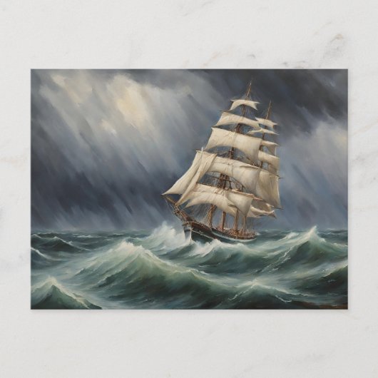 ヴィンテージセールシップインザストミー海イラストレーション ポストカード (正面)