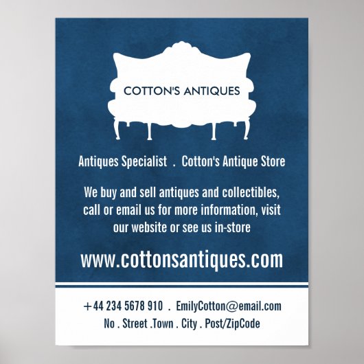 ヴィンテージソファエレガント、ブルー、アンティークディーラー、ストア ポスター (正面)