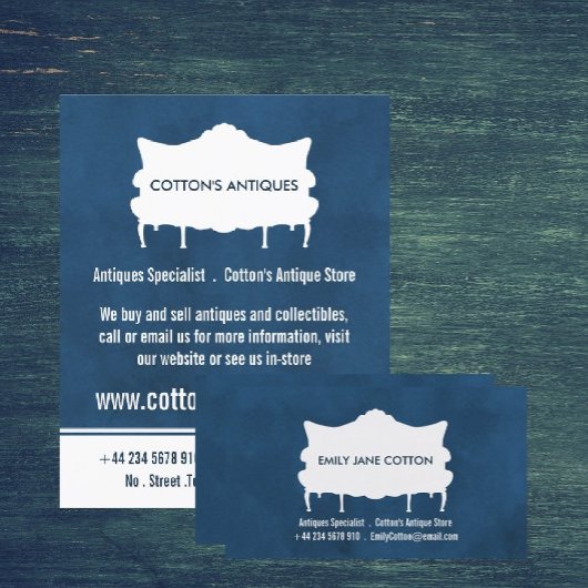 ヴィンテージソファエレガント、ブルー、アンティークディーラー 名刺