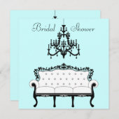 ヴィンテージソファシャンデリアティール(緑がかった色)ブラックブライダルシャワー 招待状 (正面/裏面)