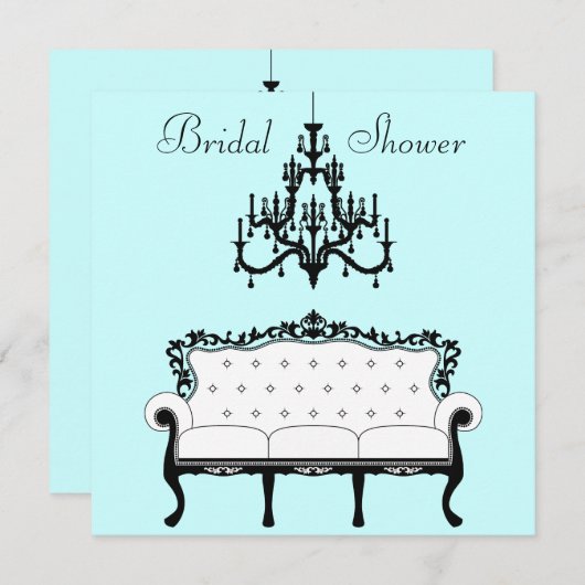 ヴィンテージソファシャンデリアティール（緑がかった色）ブラックブライダルシャワー 招待状 (正面/裏面)