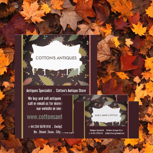 ヴィンテージソファ、パープルボホシック、アンティーク店 チラシ