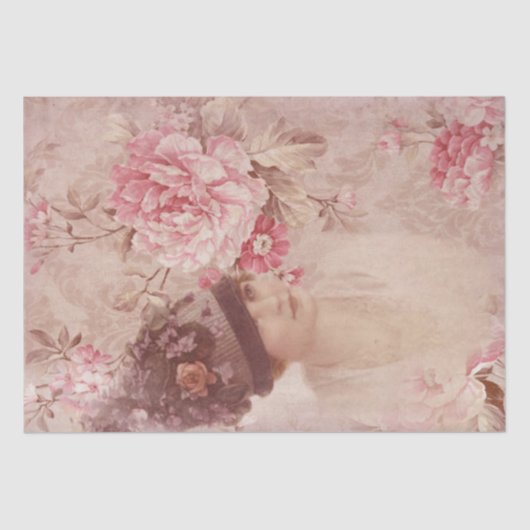 ヴィンテージソフトピンクのフローラ女性ハットシャビーシック 薄葉紙 (正面)