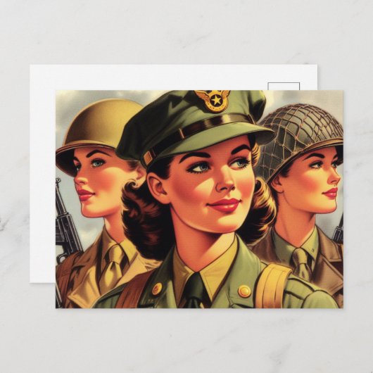 ヴィンテージソルジャーウーマンイラストレーション ポストカード (正面/裏面)