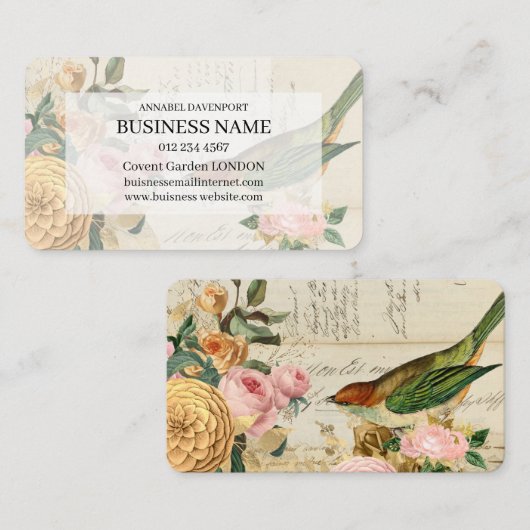 ヴィンテージソングバードと金ゴールドと赤面ピンクのバラ 名刺 (正面/裏面)