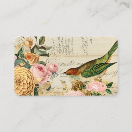 ヴィンテージソングバードと金ゴールドと赤面ピンクのバラ 名刺 (裏面)