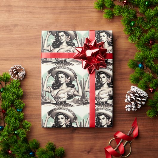 ヴィンテージソンブレロのピンアップ ラッピングペーパー (クリスマスギフト)