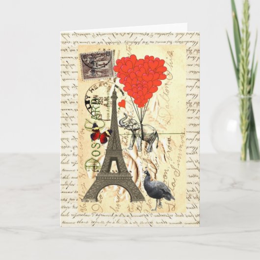 ヴィンテージゾウと赤いハートの風船 カード (正面)